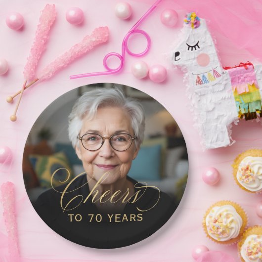 70e Verjaardagsfeest Foto Gold Script Cheers Papieren Bordje (Feest)