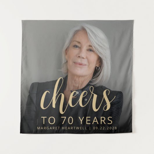 70e Verjaardagsfeest Foto Gold Script Cheers Wandkleed (Voorkant)