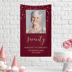 70e verjaardagsfeest Foto Gouden Confetti Burgundy Spandoek