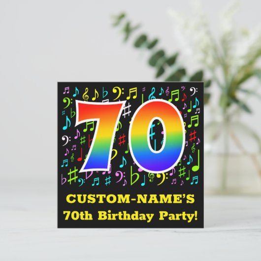 70e verjaardagsfeest: leuke muzieksymbolen, regenb kaart (Staand voorkant)