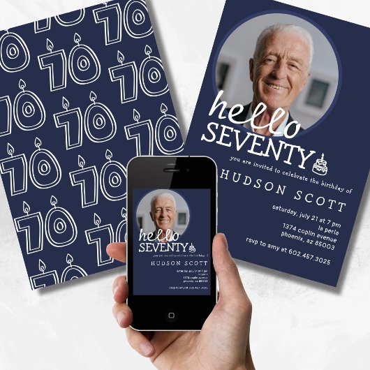 70e Verjaardagsfeest Mannen Foto Seventy Navy Blue Kaart