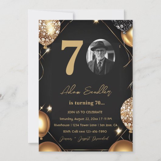 70e verjaardagsfeest met ballonnen en glitter kaart (Voorkant)