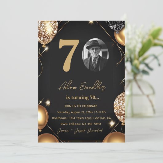 70e verjaardagsfeest met ballonnen en glitter kaart (Staand voorkant)