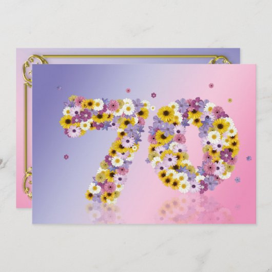 70e verjaardagsfeest, met bloemige letters kaart (Voorkant / Achterkant)