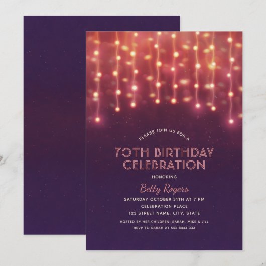 70e Verjaardagsfeest Moderne Glitter String Lights Kaart (Voorkant / Achterkant)