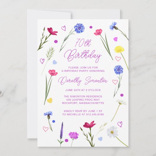 70e verjaardagsfeest Paarse Wildflower Meadow Kaart (Voorkant)