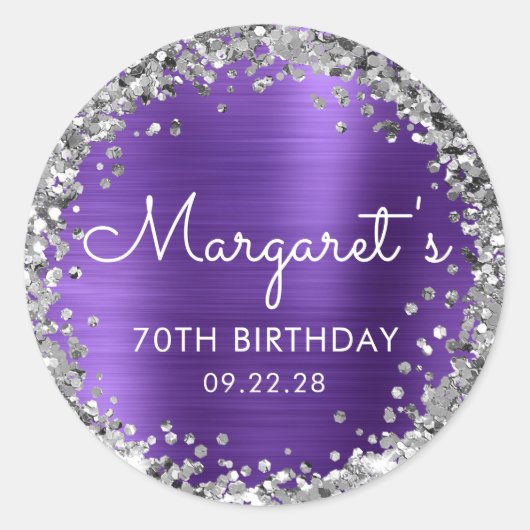 70e verjaardagsfeest Paarse zilveren glitter Ronde Sticker (Voorkant)