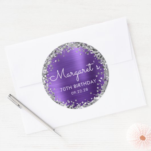 70e verjaardagsfeest Paarse zilveren glitter Ronde Sticker (Envelop)