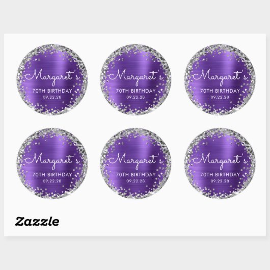 70e verjaardagsfeest Paarse zilveren glitter Ronde Sticker (Vel)