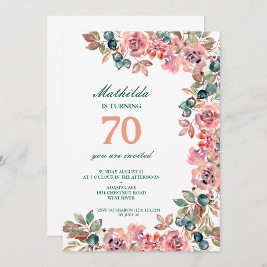 70e verjaardagsfeest pastel bloemen kleurrijk kaart (Voorkant / Achterkant)