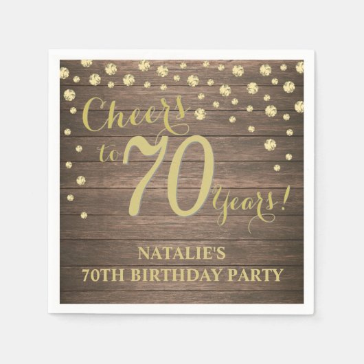 70e verjaardagsfeest rustiek hout en gouden diaman servet (Voorkant)