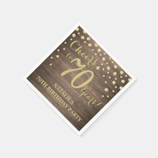 70e verjaardagsfeest rustiek hout en gouden diaman servet (Hoek)
