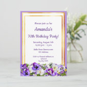 70e verjaardagsfeest violet pansieblad bloemen gou kaart (Staand voorkant)