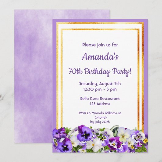 70e verjaardagsfeest violet pansieblad bloemen gou kaart (Voorkant / Achterkant)