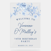 70e Verjaardagsfeest Welkom Blauw Roos Bloemen Acryl Bord (Voorkant)