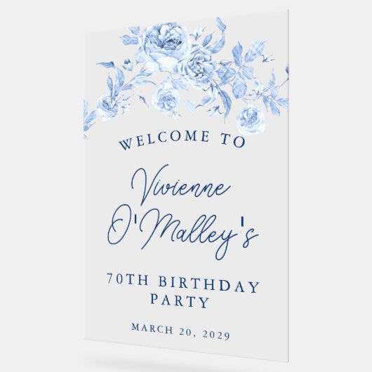 70e Verjaardagsfeest Welkom Blauw Roos Bloemen Acryl Bord (Hoek)