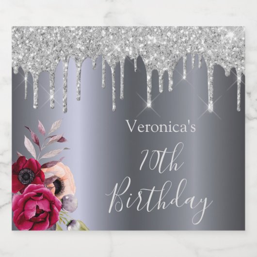 70e verjaardagsfeest zilveren glitter druppelt flo sparkling wijnetiket (Enkel label)