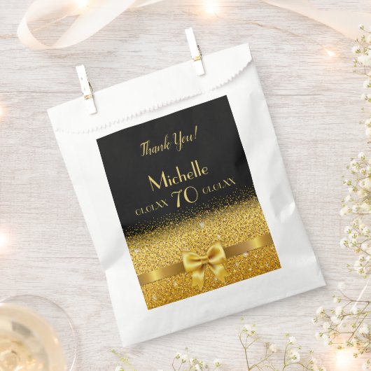 70e verjaardagsfeest zwart goud boog elegante naam bedankzakje (Geknipt)