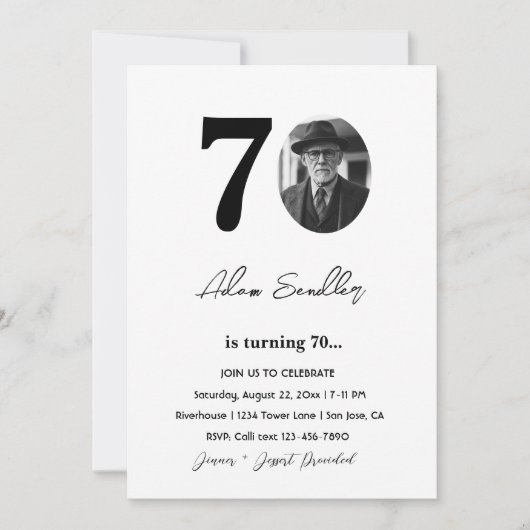 70e verjaardagsfeest zwart-wit kaart (Voorkant)