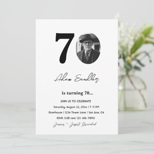 70e verjaardagsfeest zwart-wit kaart (Staand voorkant)