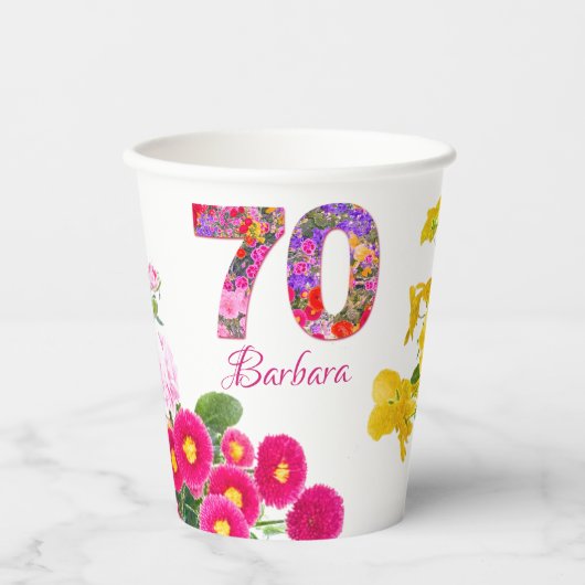70e verjaardagsfeestje bloemboeket papieren bekers (Voorkant)