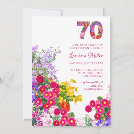 70e verjaardagsfeestje bloemenkleurrijke uitnodigi kaart (Voorkant)