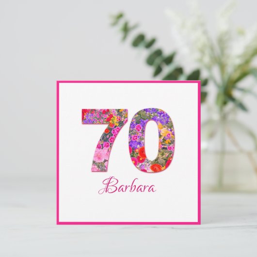 70e verjaardagsfeestje bloemenroze lila platte kaa (Staand voorkant)