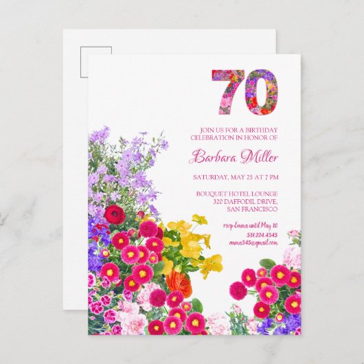 70e verjaardagsfeestje Bloemenuitnodiging briefkaa Uitnodiging Briefkaart (Voorkant / Achterkant)