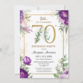 70e verjaardagsfeestje Elegant Gouden Paarse Pioen Kaart (Voorkant)