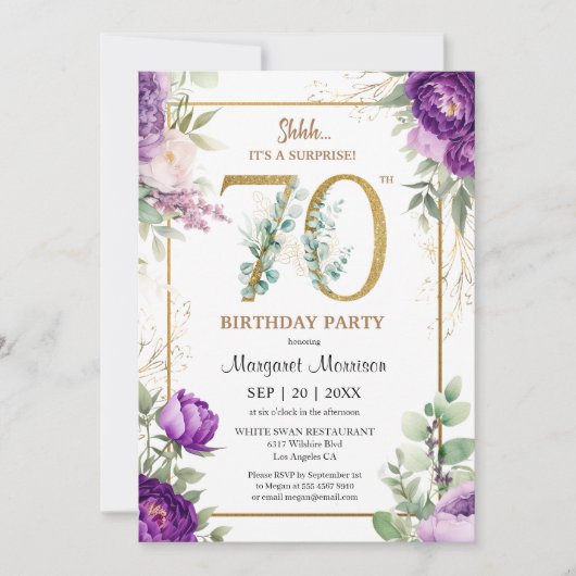 70e verjaardagsfeestje Elegant Gouden Paarse Pioen Kaart (Voorkant)
