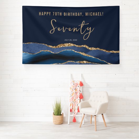 70e verjaardagsfeestje Elegant Navy Blue Gold Agaa Spandoek (Insitu)