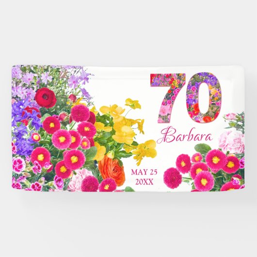 70e verjaardagsfeestje moderne bloemige bloemen ba spandoek (Horizontaal)