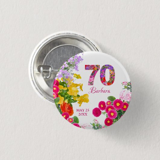70e verjaardagsfeestje moderne kleurrijke bloemenk ronde button 3,2 cm (Voorkant /achterkant)