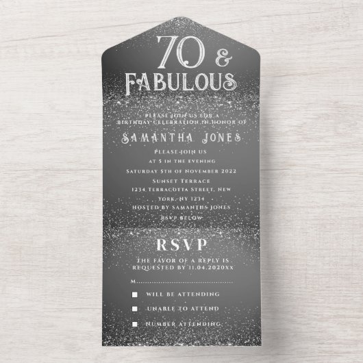 70e verjaardagsfeestje zwart wit sprankeling moder all in one uitnodiging (Binnen)