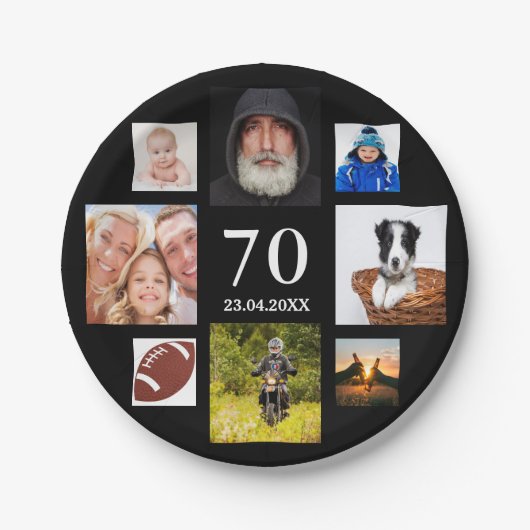 70e verjaardagsfeestje zwarte fotocollage man papieren bordje (Voorkant)
