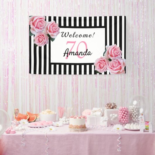 70e verjaardagsfeestje zwarte witte strepen floral spandoek (Feest)