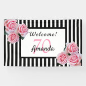 70e verjaardagsfeestje zwarte witte strepen floral spandoek (Horizontaal)
