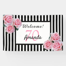 70e verjaardagsfeestje zwarte witte strepen floral spandoek