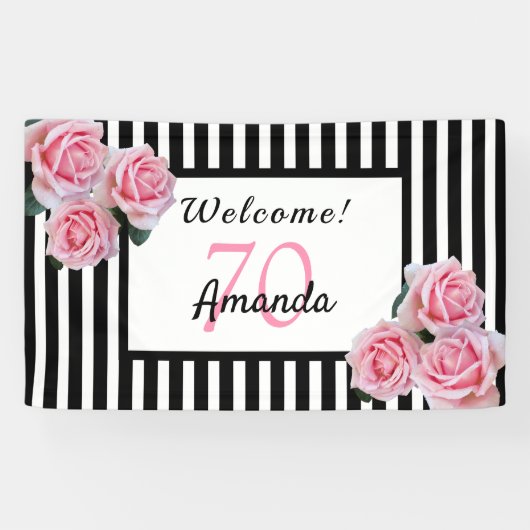 70e verjaardagsfeestje zwarte witte strepen floral spandoek (Horizontaal)