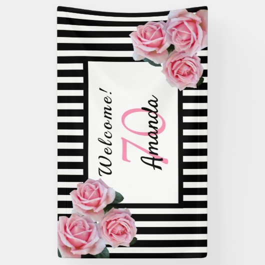 70e verjaardagsfeestje zwarte witte strepen floral spandoek (Verticaal)