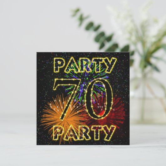70e verjaardagsfeestuitnodiging met vuurwerk kaart (Staand voorkant)