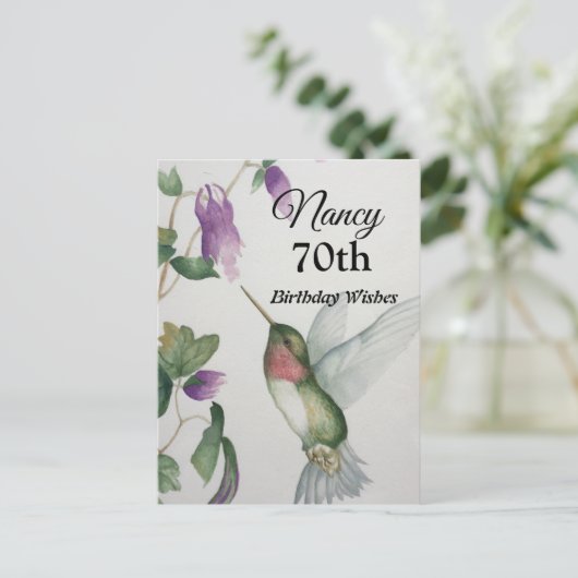 70e verjaardagskaart met kolibrie tuin Happy Birth Briefkaart (Staand voorkant)