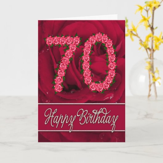 70e verjaardagskaart met rozen en bladeren kaart (Gele Bloem)