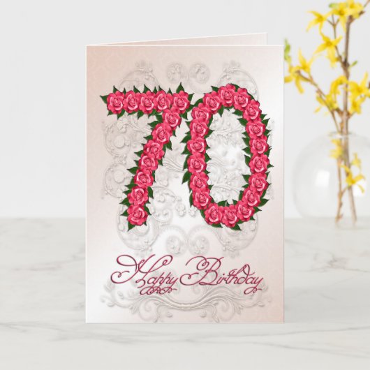 70e verjaardagskaart met rozen en bladeren kaart (Gele Bloem)