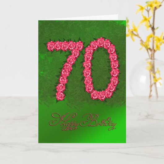 70e verjaardagskaart met rozen en bladeren kaart (Gele Bloem)