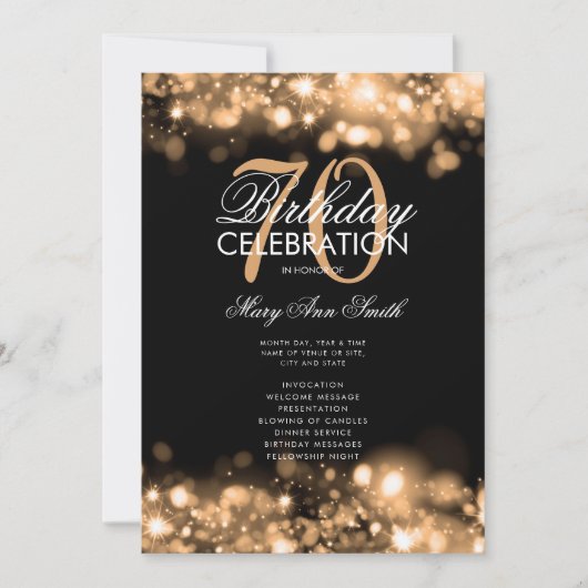 70e Verjaardagsprogramma Glam Lights Gouden Menu Kaart (Voorkant)