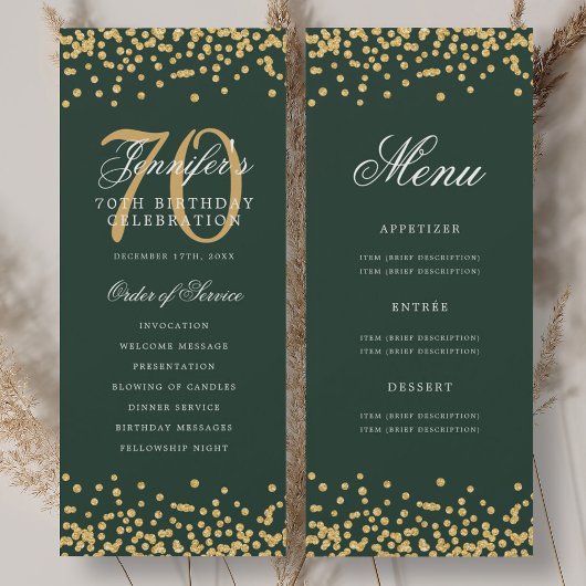 70e Verjaardagsprogramma Goud Groen Confetti Menu Kaart