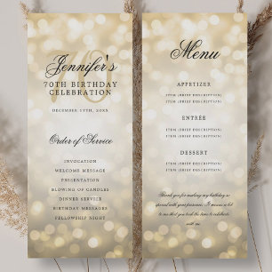 70e verjaardagsprogramma Gouden Bokeh Menu+Bedankt Kaart