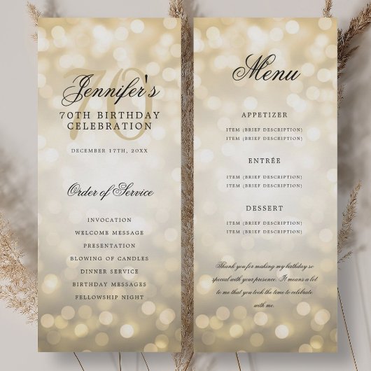 70e verjaardagsprogramma Gouden Bokeh Menu+Bedankt Kaart