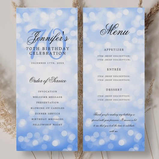 70e verjaardagsprogramma Navy Blue Bokeh Menu Kaart